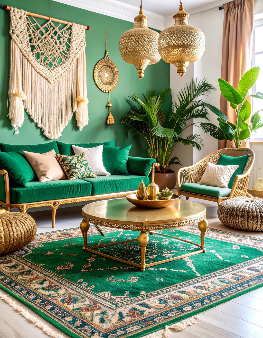 Moss Green and Matte Gold Bohemian Living Room - 25 Green and Gold Living Room Ideas