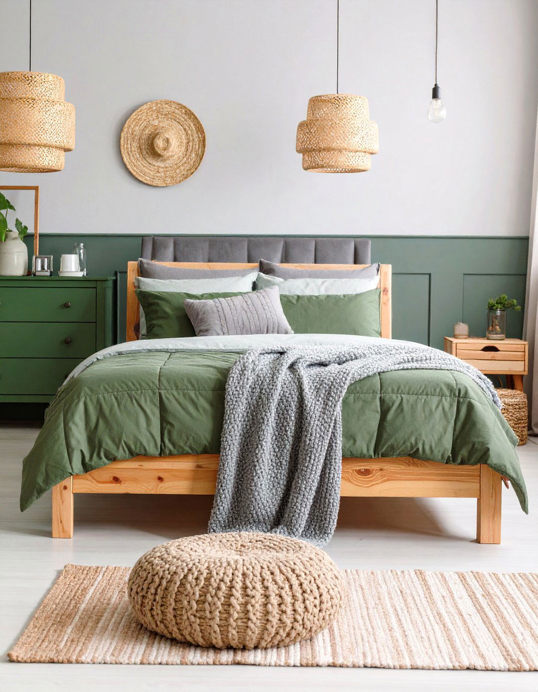 Moss Green and Medium Grey Farmhouse Bedroom - 25 Green and Grey Bedroom Ideas