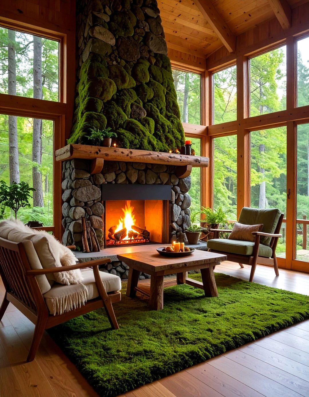 Moss Rock Rustic Fireplace with Forest Cabin Ambiance - 25 Rustic Fireplaces