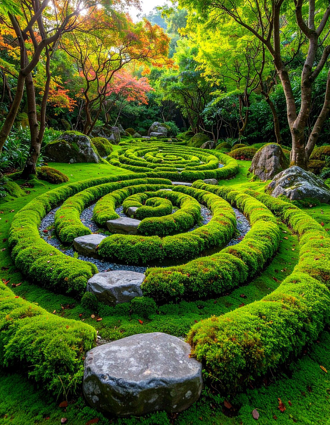 Moss Rock Spiral Garden with Natural Boulder Arrangement - 25 Moss Garden Ideas
