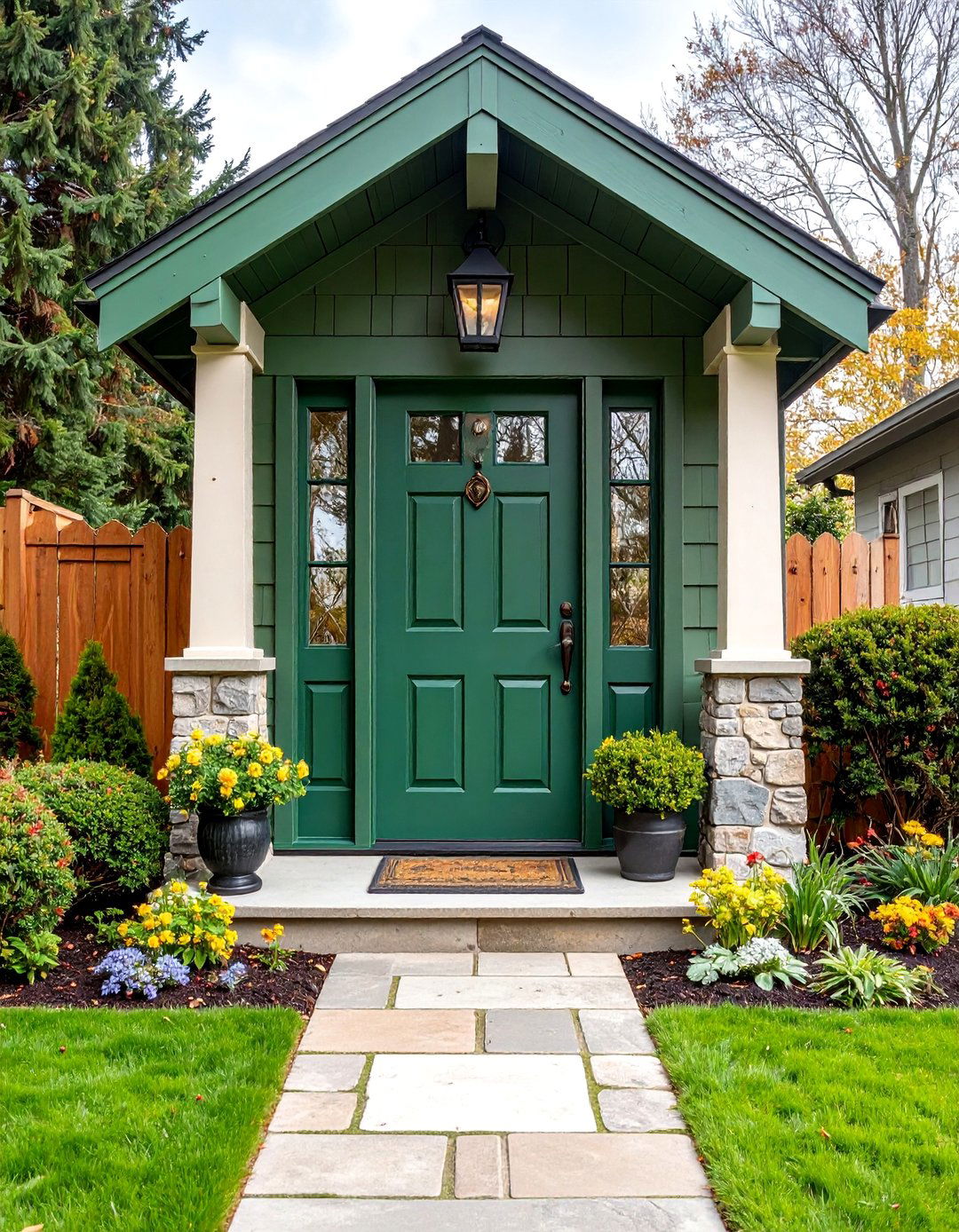 Moss Stone Green with Weathered Wood Trim - 25 Dark Green Front Door Ideas