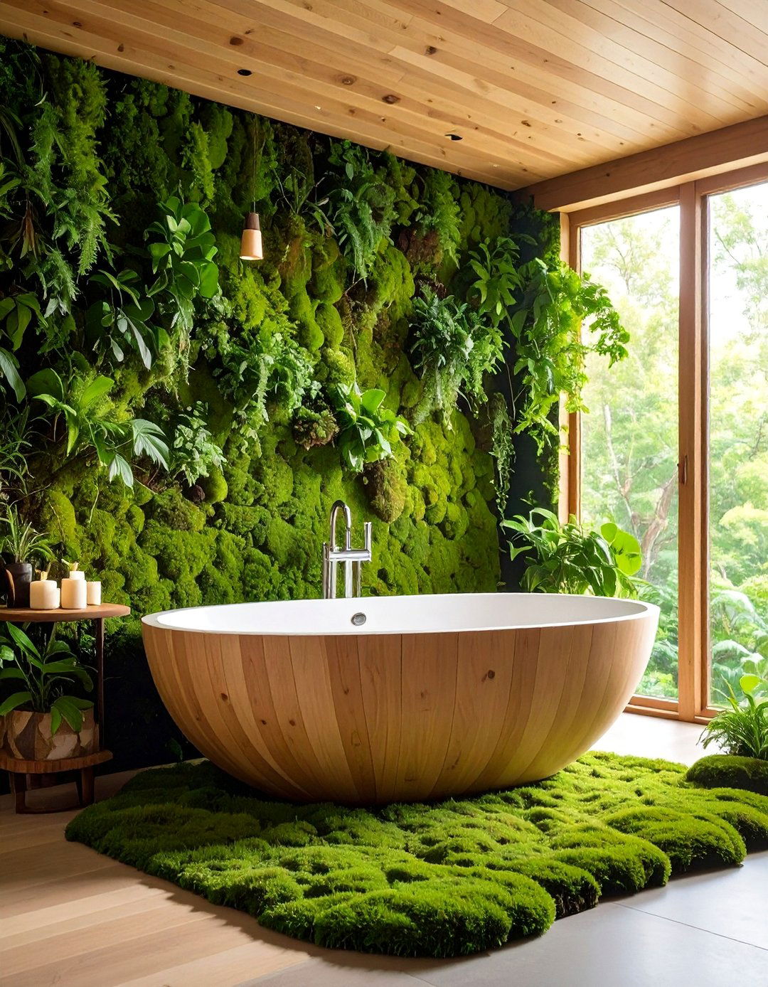 Moss Wall and Natural Wood Biophilic Bathroom - 25 Earthy Bathroom Ideas