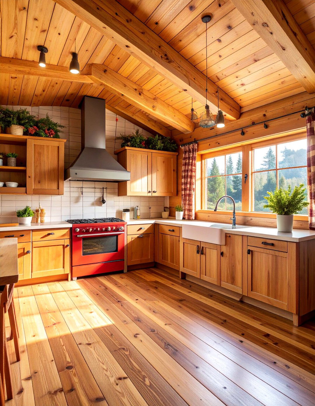 Mountain Cabin Kitchen with Pine Walls and Red Accents - 25 Mountain House Kitchen Ideas