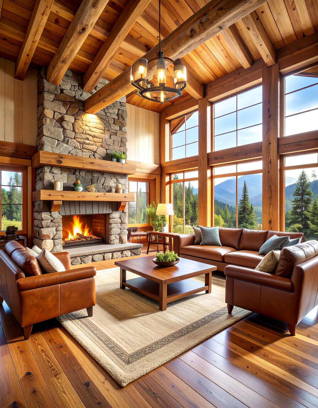 Mountain Cabin with Log Beam Construction - 25 Vaulted Ceiling With Beams