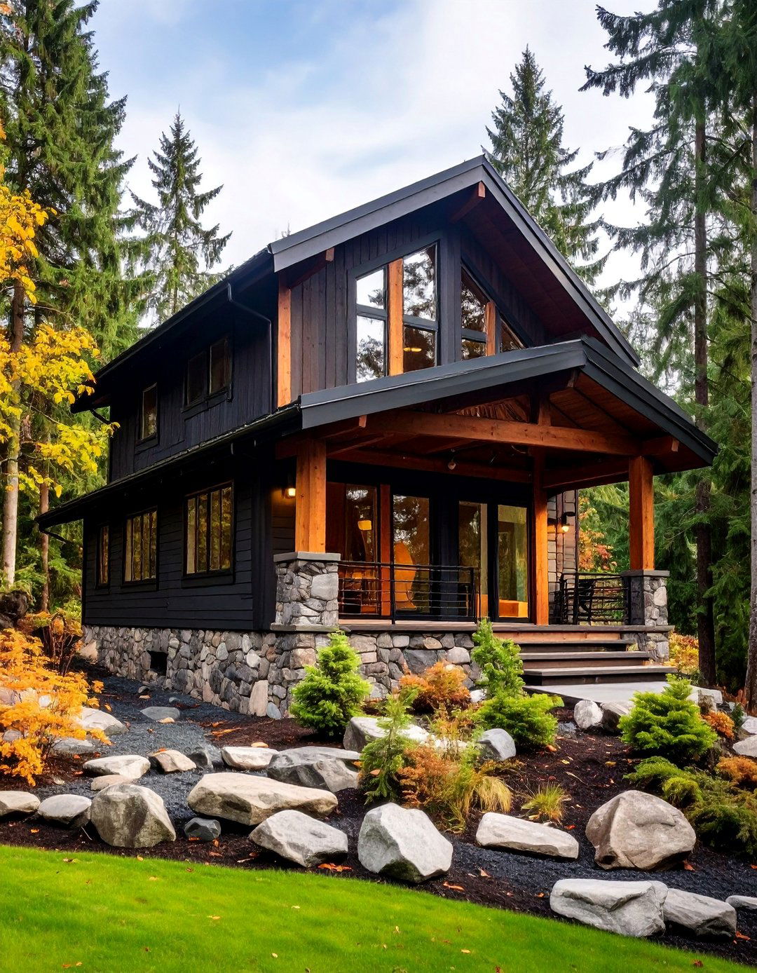 Mountain Cabin with Natural Stone Foundation - 25 Dark Olive Green House Designs