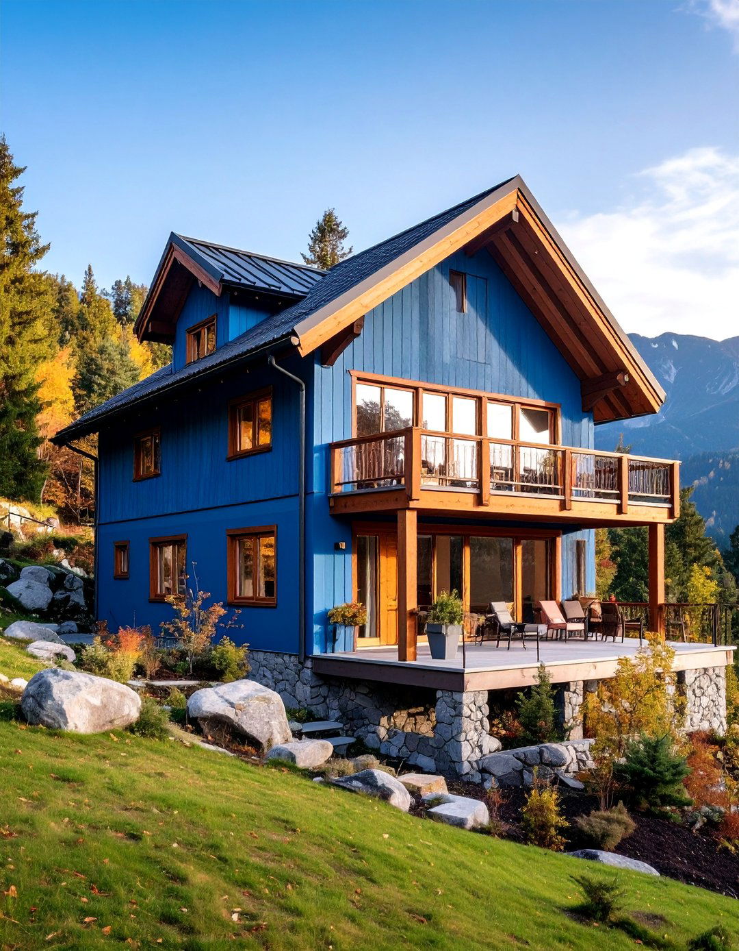 Mountain Chalet Blue Exterior Home with a Brown Roof - 25 blue exterior home with a brown roof ideas