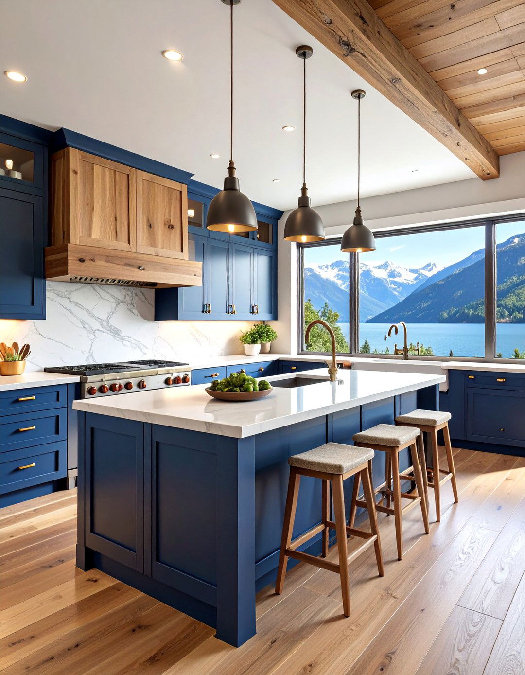 Mountain Lake Kitchen with Blue and Natural Wood - 25 Mountain House Kitchen Ideas