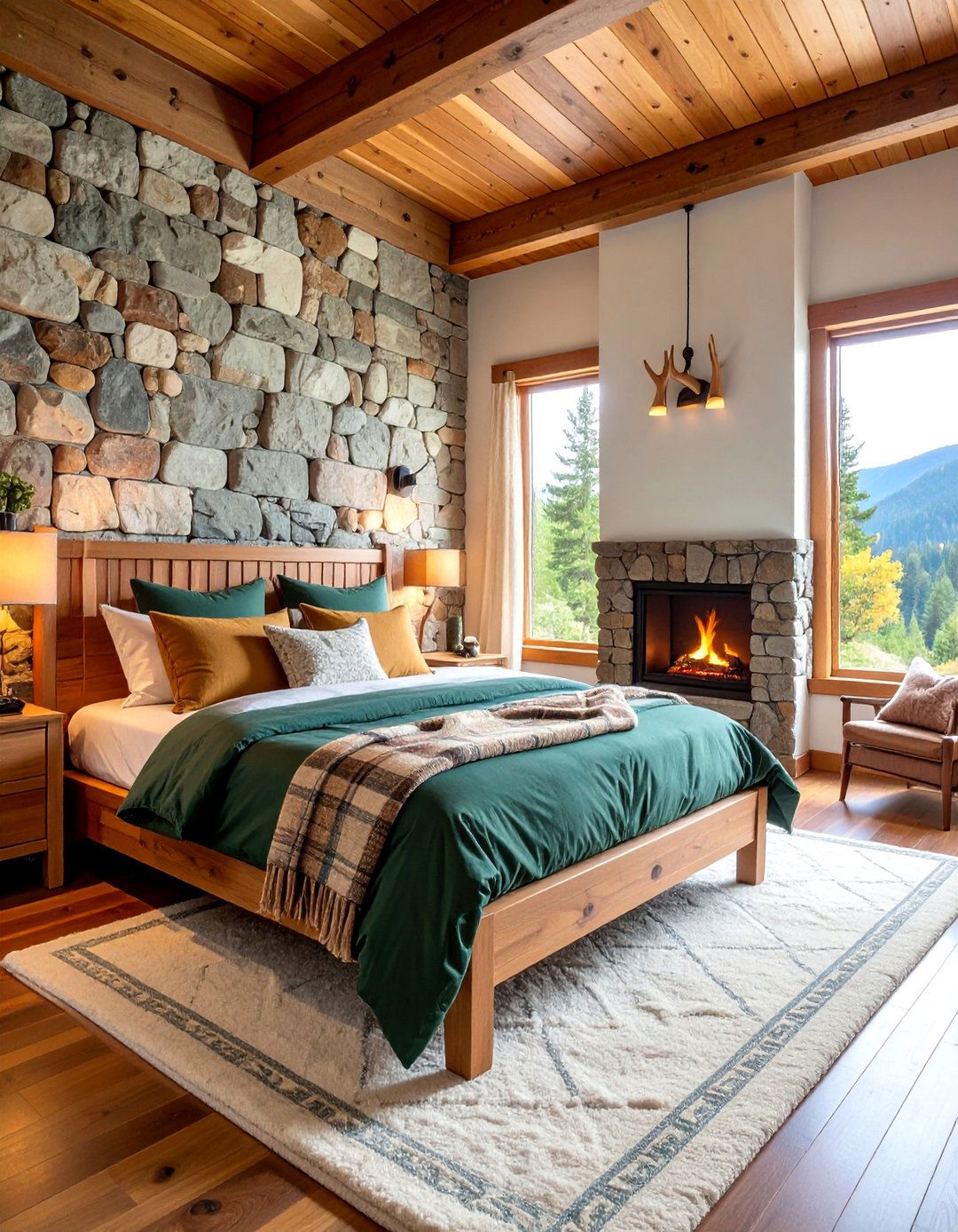 Mountain Lodge Cabin Bedroom with Stone Accents - 25 Hunting Bedroom Ideas