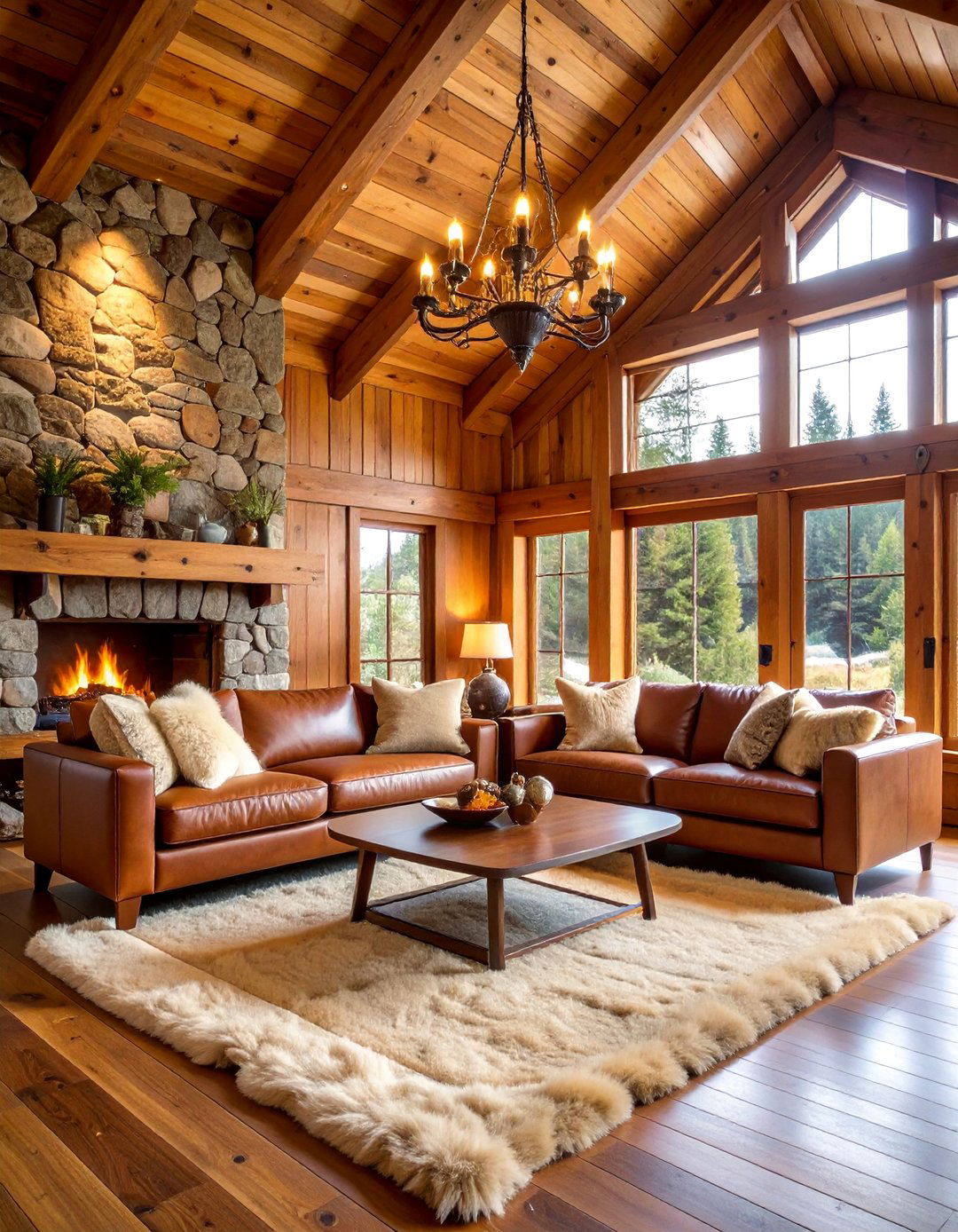 Mountain Lodge Cabin with Natural Stone and Rich Woods - 25 One Room Cabin Interior Design Ideas