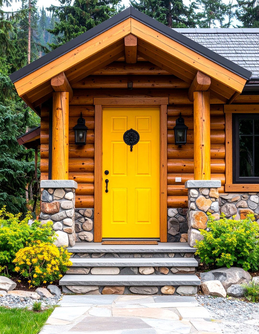 Mountain Lodge Mustard Door with Log Construction - 25 Mustard Yellow Front Door Ideas