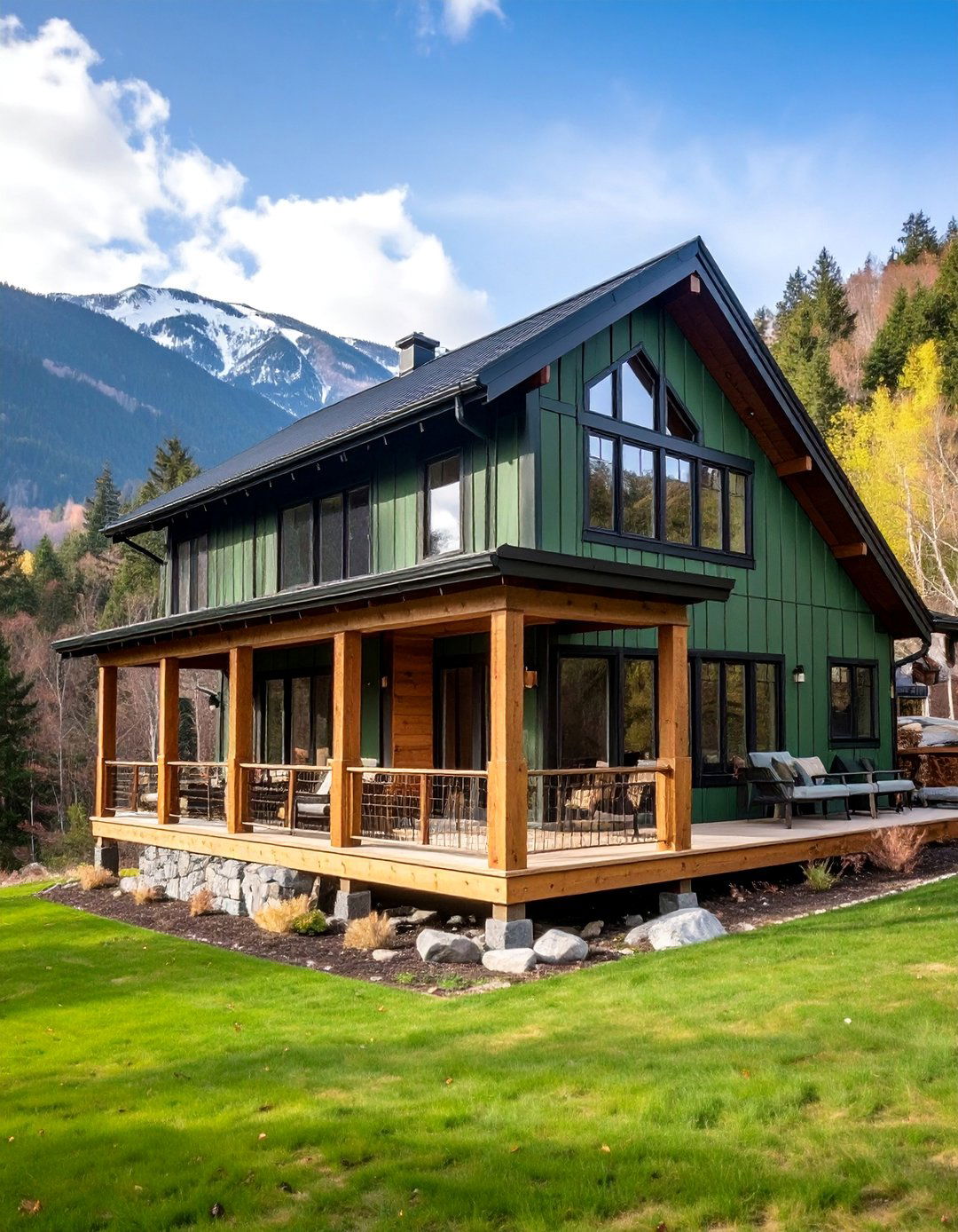 Mountain Lodge Style with Natural Wood Elements - 25 Dark Olive Green House With Black Trim