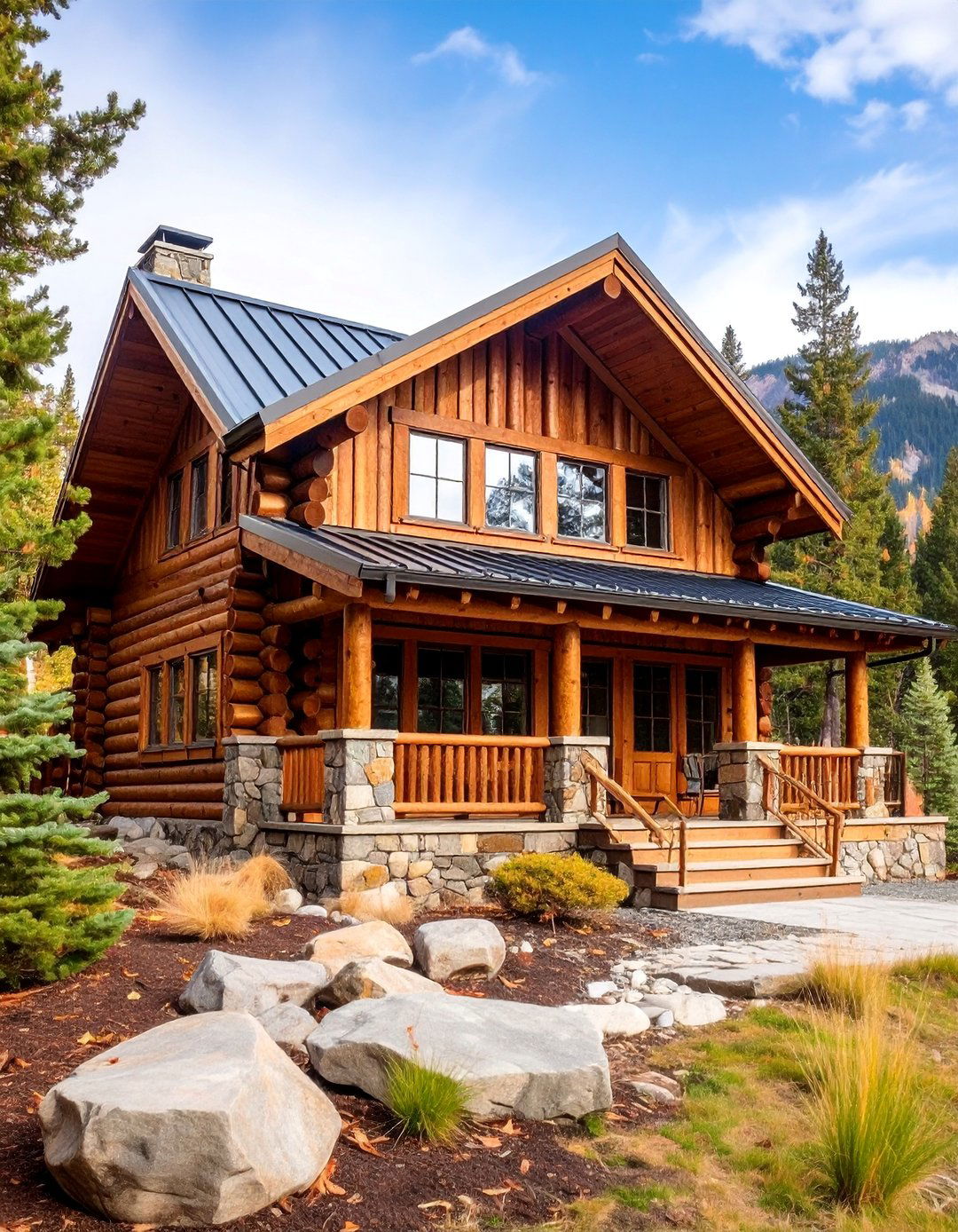 Mountain Lodge with Chocolate Brown Log Construction - 25 Chocolate Brown House Exterior Design Ideas