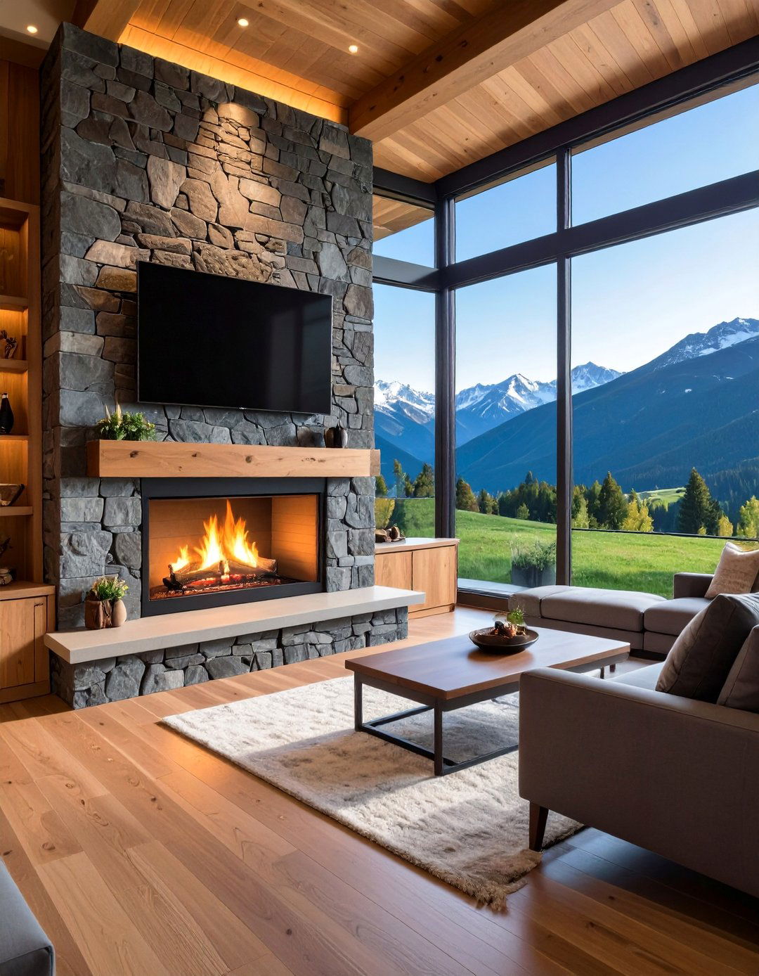 Mountain Modern Faux Stone Fireplace with Integrated TV Niche - 25 Faux Stone Fireplace Ideas
