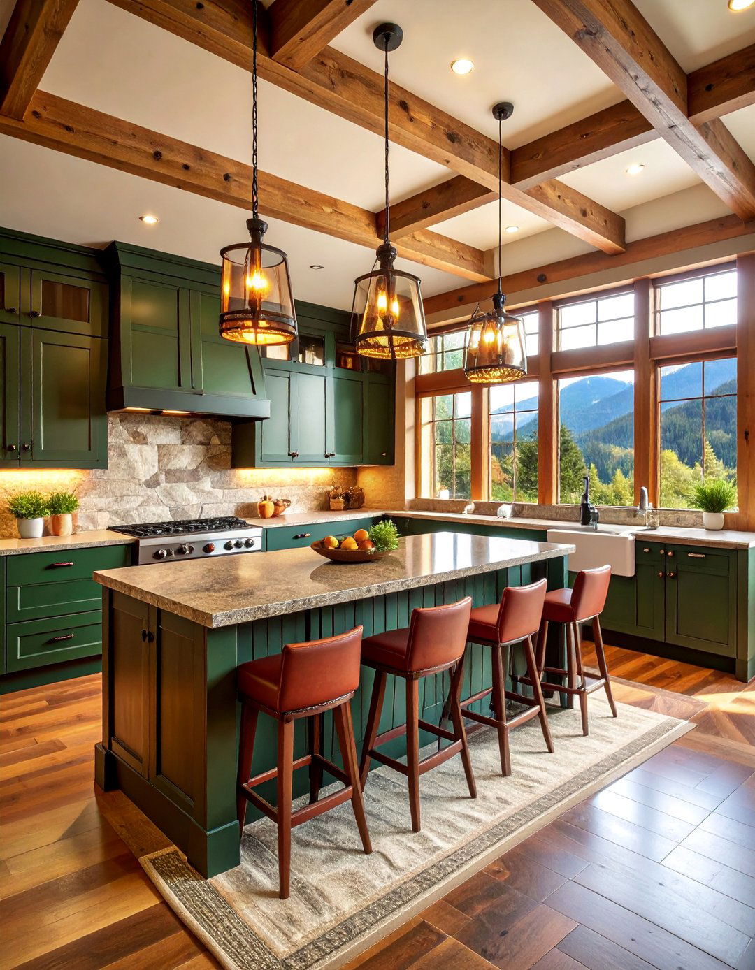 Mountain Ski Lodge Kitchen with Plaid and Leather Accents - 25 Mountain House Kitchen Ideas