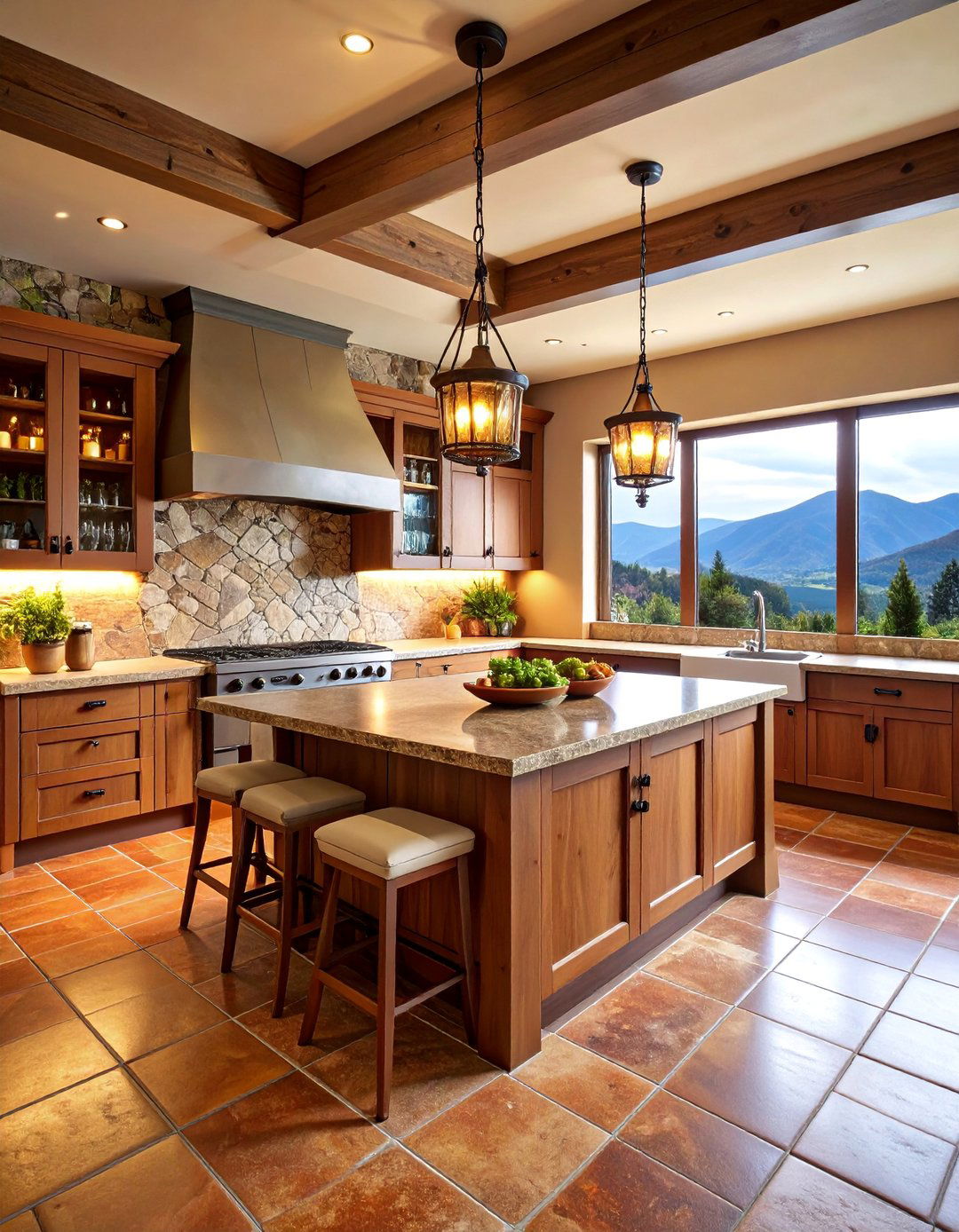 Mountain Wine Country Kitchen with Grape Vine Details - 25 Mountain House Kitchen Ideas