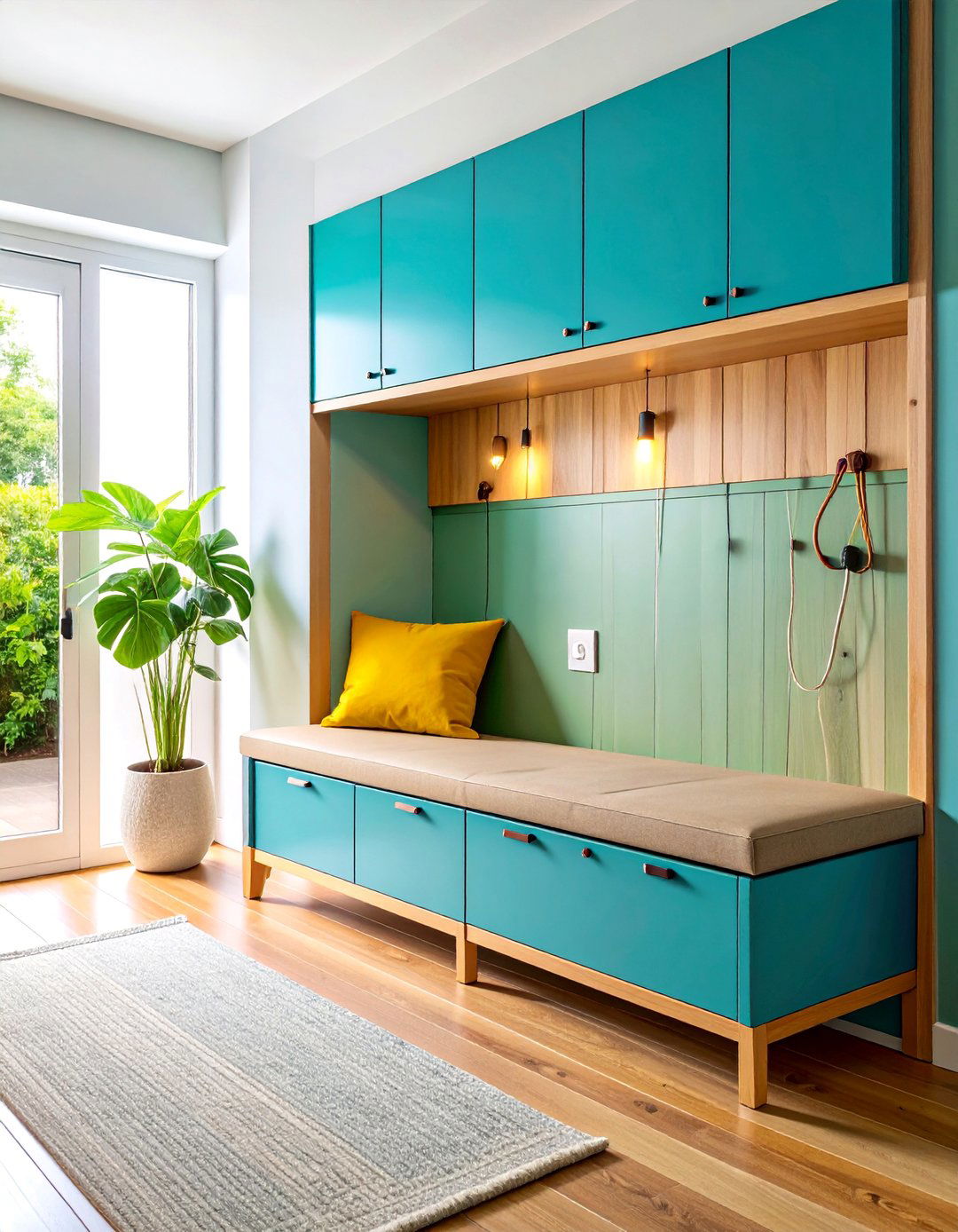 Mudroom Bench with Integrated Charging Station - 25 Mudroom Bench Ideas