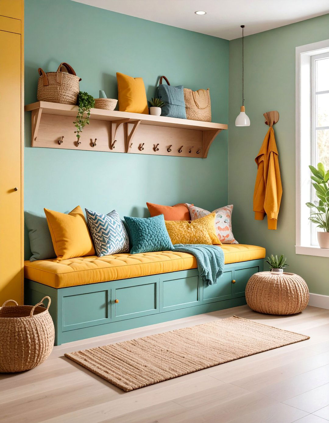 Mudroom Bench with Upholstered Cushion Seating - 25 Mudroom Bench Ideas
