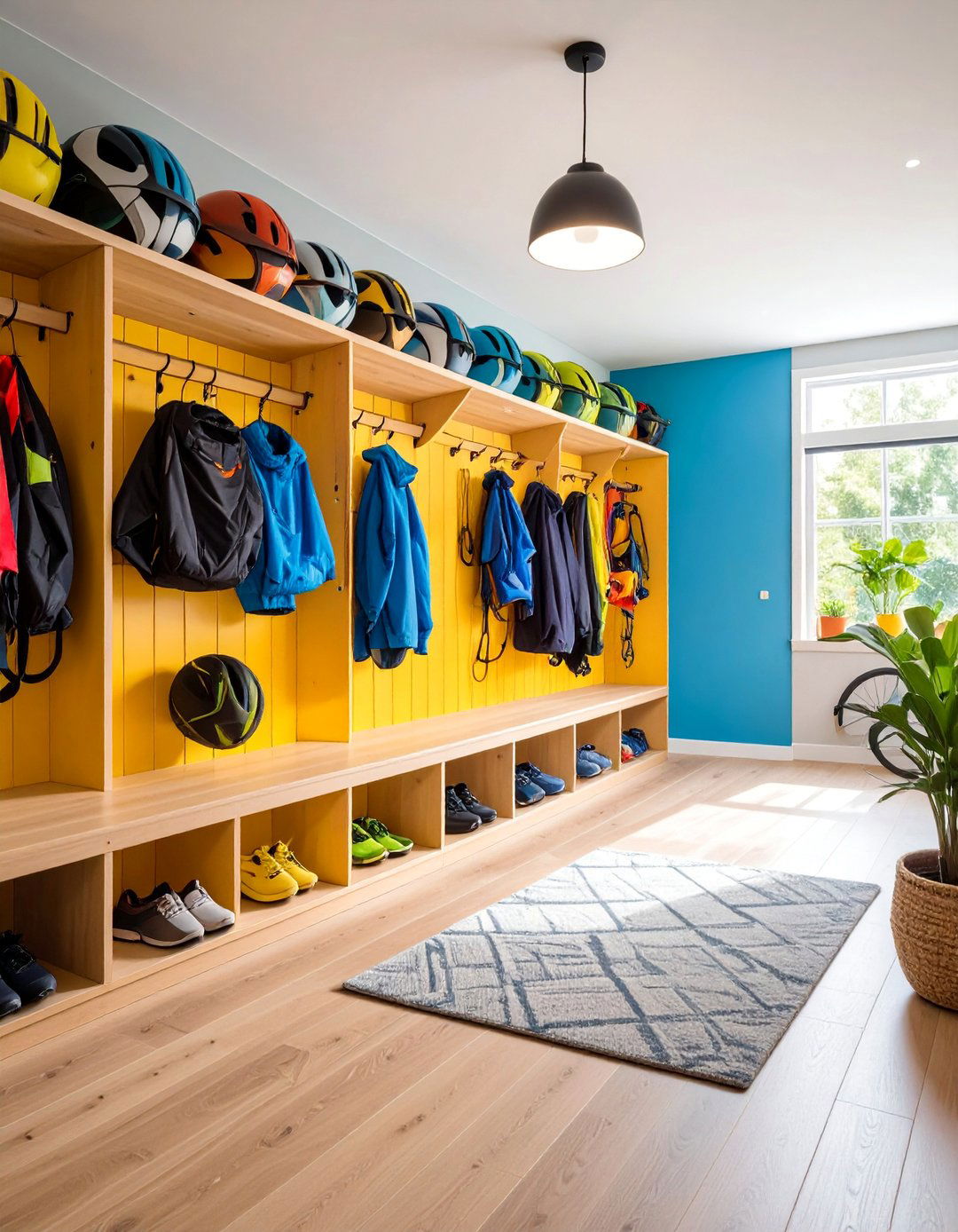 Mudroom with Exercise Equipment Storage and Workout Gear Organization - 25 Mud Room Ideas