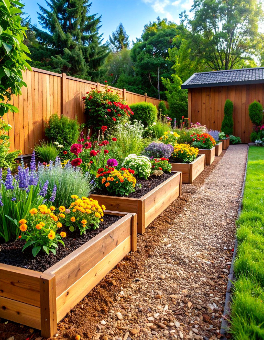 Mulch Pathway with Raised Planter Box Borders - 25 Mulch Pathway Ideas