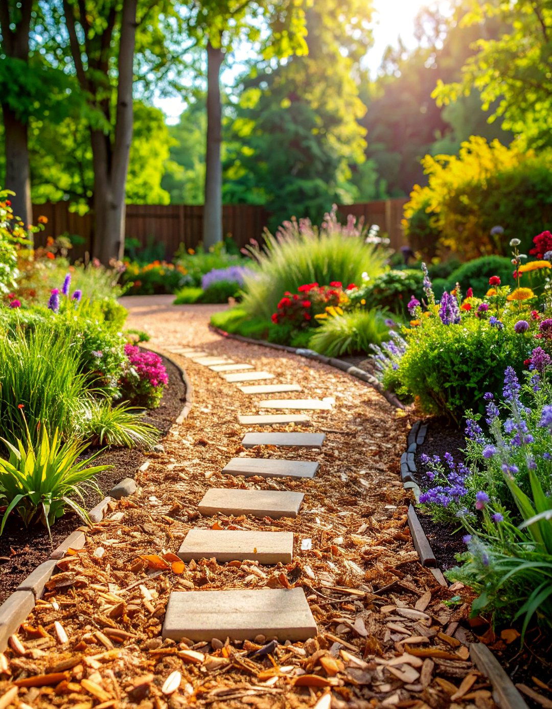 Mulch Pathway with Stepping Stone Accents - 25 Farmhouse Walkway Ideas