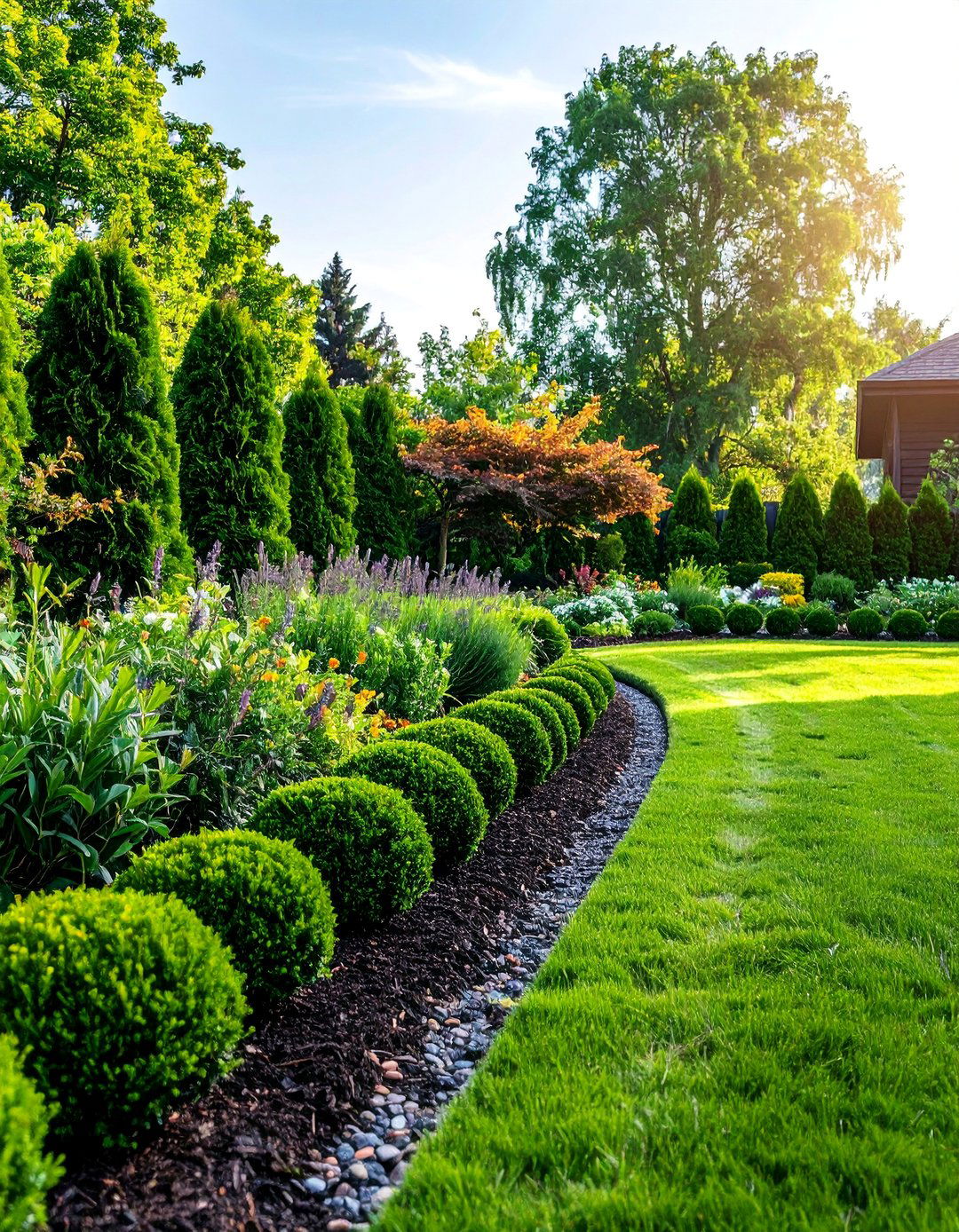 Mulched Garden Border with Evergreen Foundation Plants - 25 Low Maintenance Garden Border Ideas
