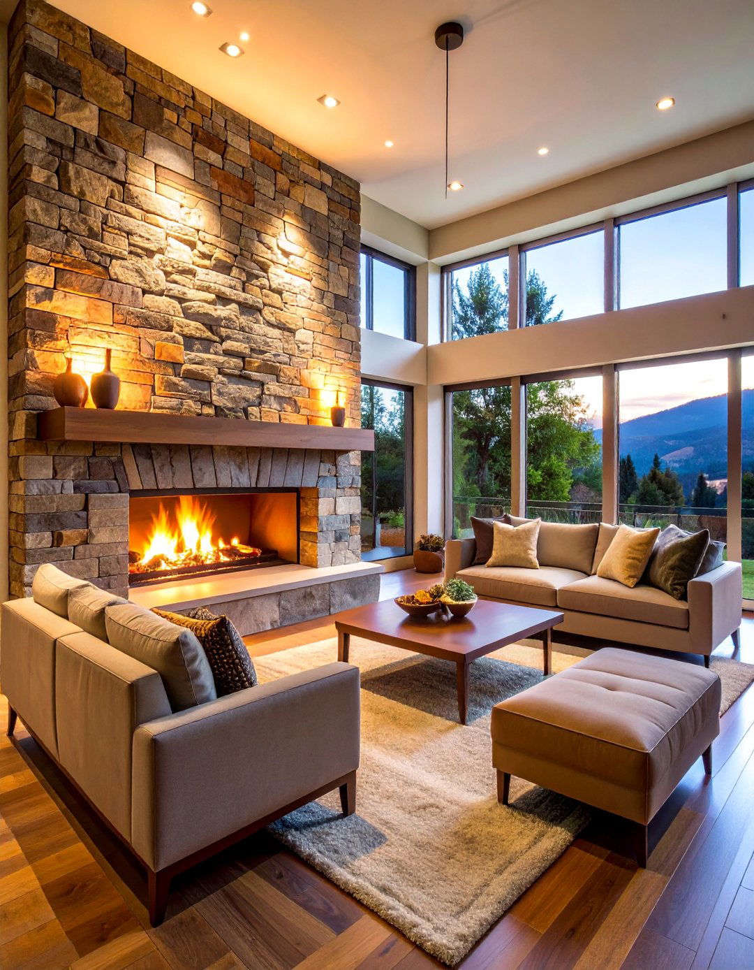 Multi Colored Ledgestone Fireplace with Dramatic Lighting - 25 Floor-to-Ceiling Stone Fireplace Ideas