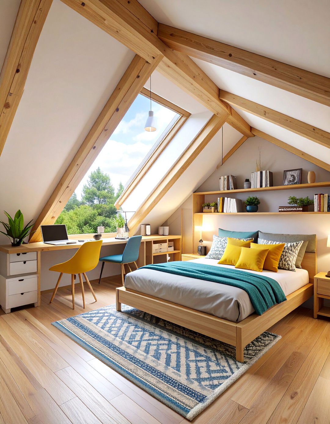 Multi Functional Attic Bedroom with Built In Workspace - 25 Attic Bedroom Ideas
