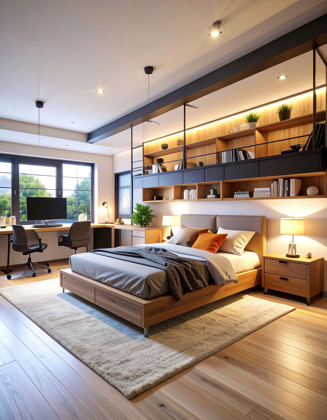 Multi Functional Basement Bedroom with Home Office Integration - 25 Basement Bedroom Ideas