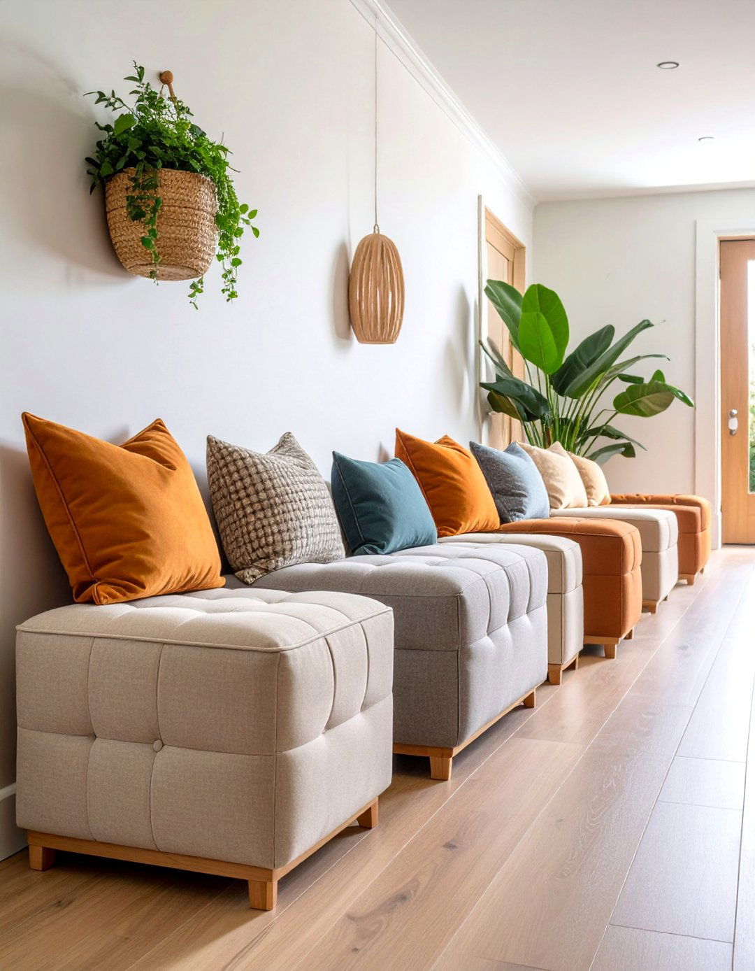 Multi Functional Hallway Storage with Ottoman Integration - 25 Hallway Storage Ideas