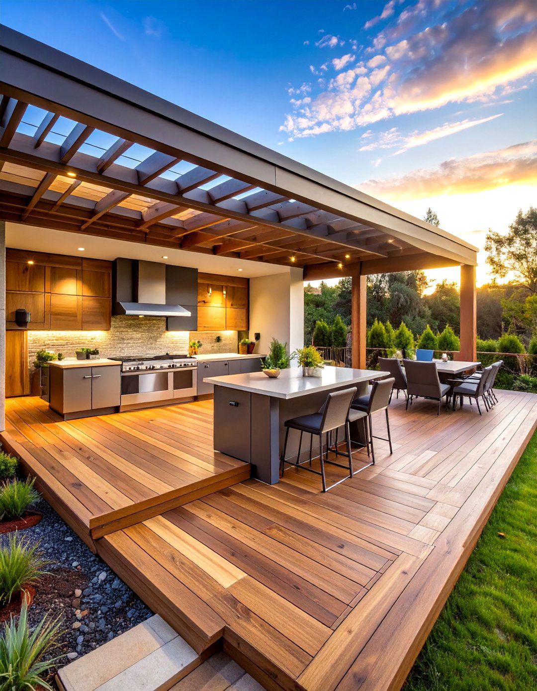 Multi Level Composite Deck with Integrated Outdoor Kitchen - 25 Composite Deck Ideas