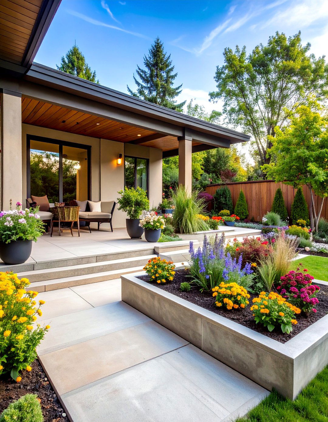 Multi Level Concrete Porch with Integrated Planters - 25 Concrete Porch Ideas
