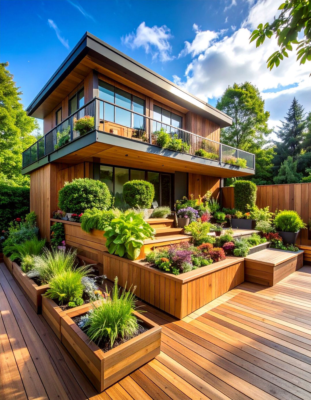 Multi Level Deck with Tiered Planting Arrangements - 25 Deck Decorating Ideas With Plant