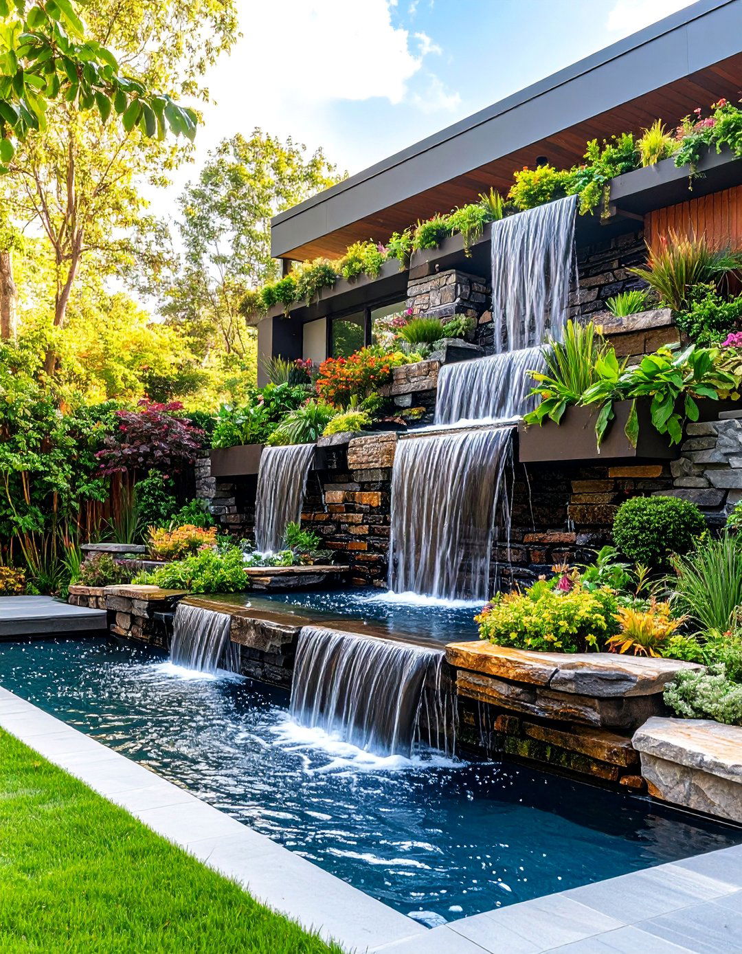 Multi Level Gabion Planter Wall with Cascading Water Feature - 25 Patio Wall Ideas