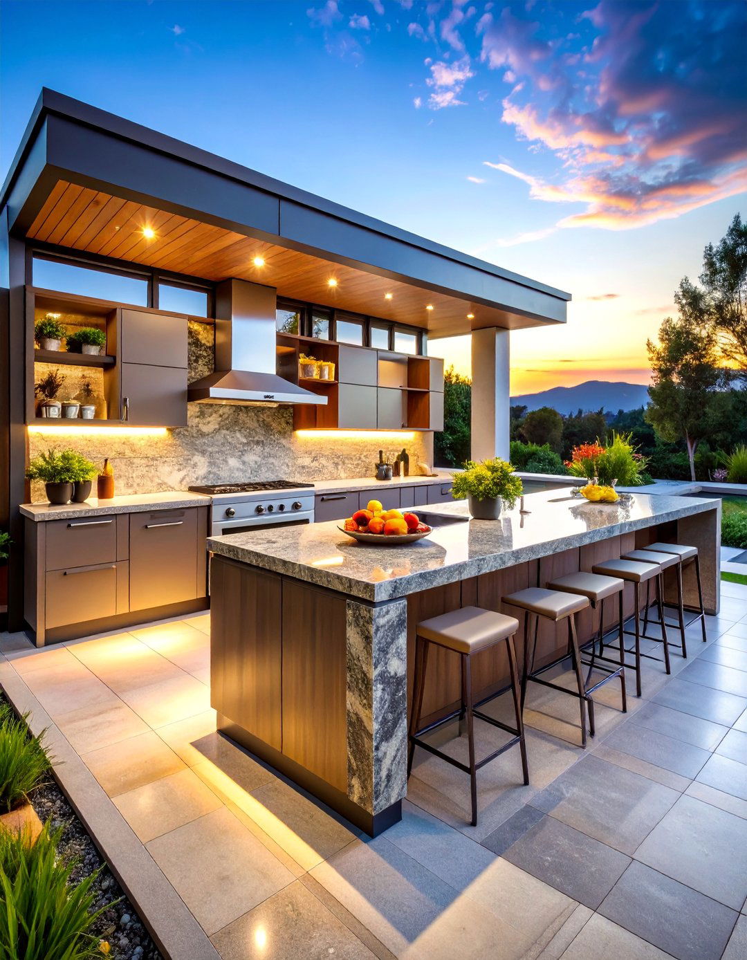 Multi Level Granite Design with Functional Zones - 25 Types of Outdoor Kitchen Countertops