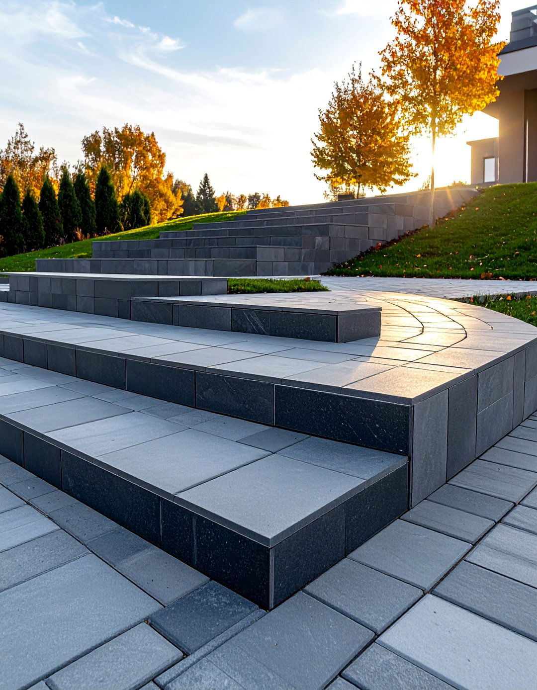 Multi Level Grey Paver Walkway with Platform Areas - 25 Grey Paver Walkway Ideas