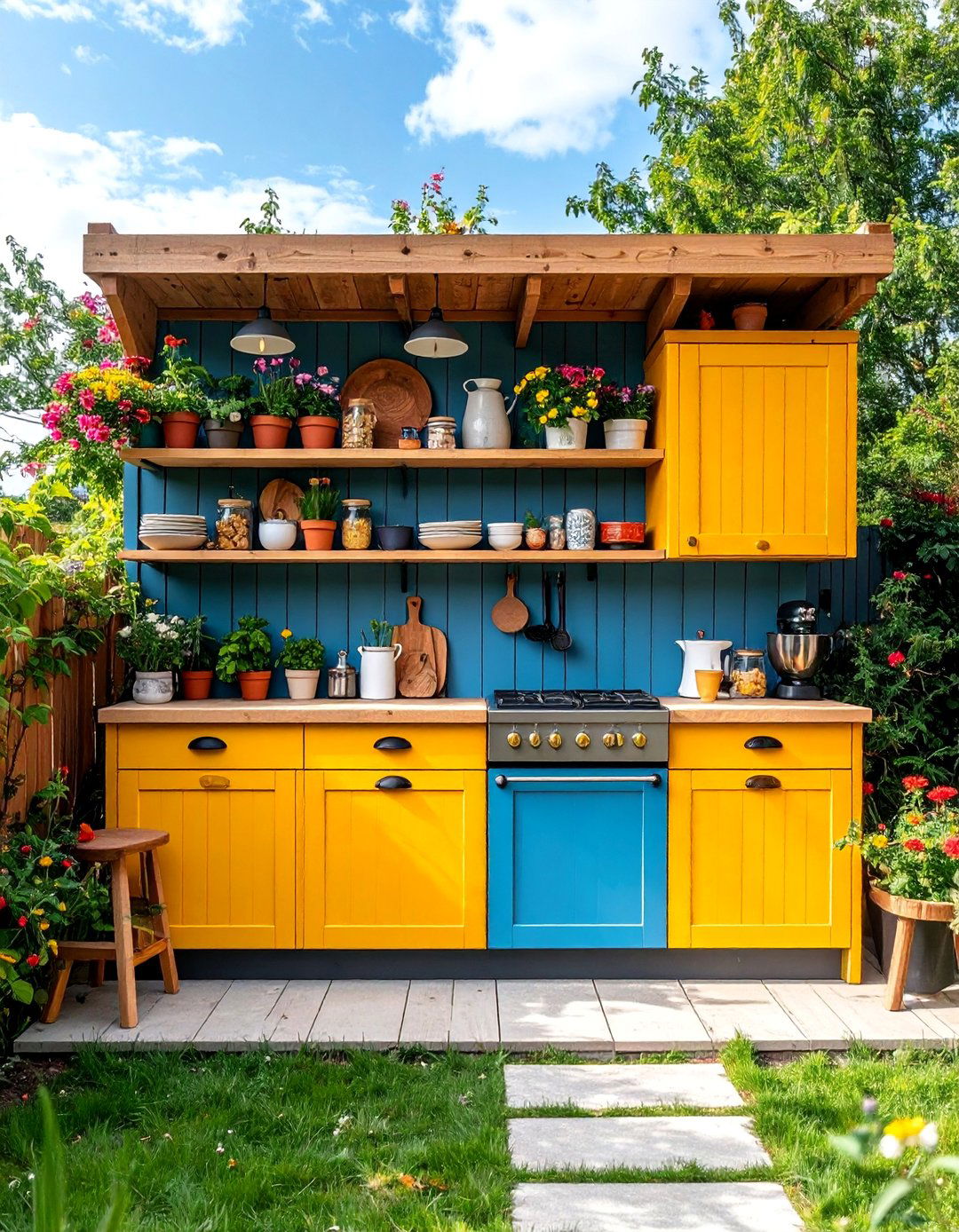 Multi Level Mud Kitchen with Upper Storage Shelves - 25 Mud Kitchen Ideas for Kids