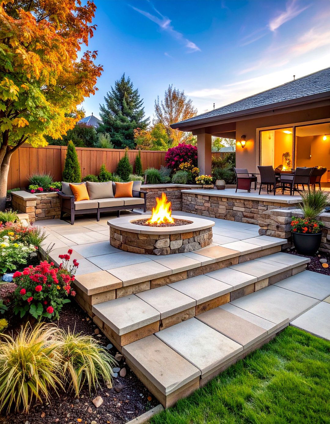Multi Level Paver Patio with Raised Fire Pit - 25 Concrete Paver Patio Fire Pit Ideas