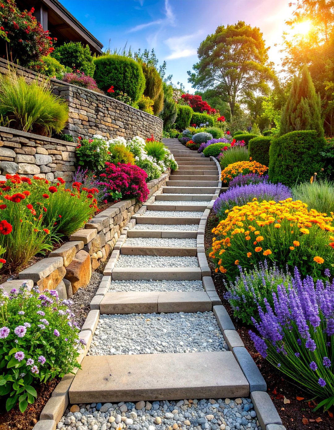 Multi Level Pea Gravel Walkway with Retaining Walls - 25 Pea Gravel Walkway Ideas