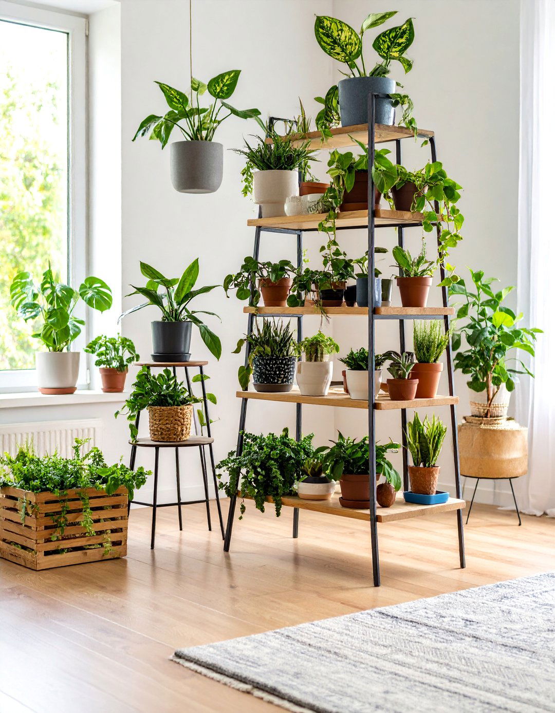 Multi Level Plant Corner with Tiered Stands - 25 Corner Decoration Ideas