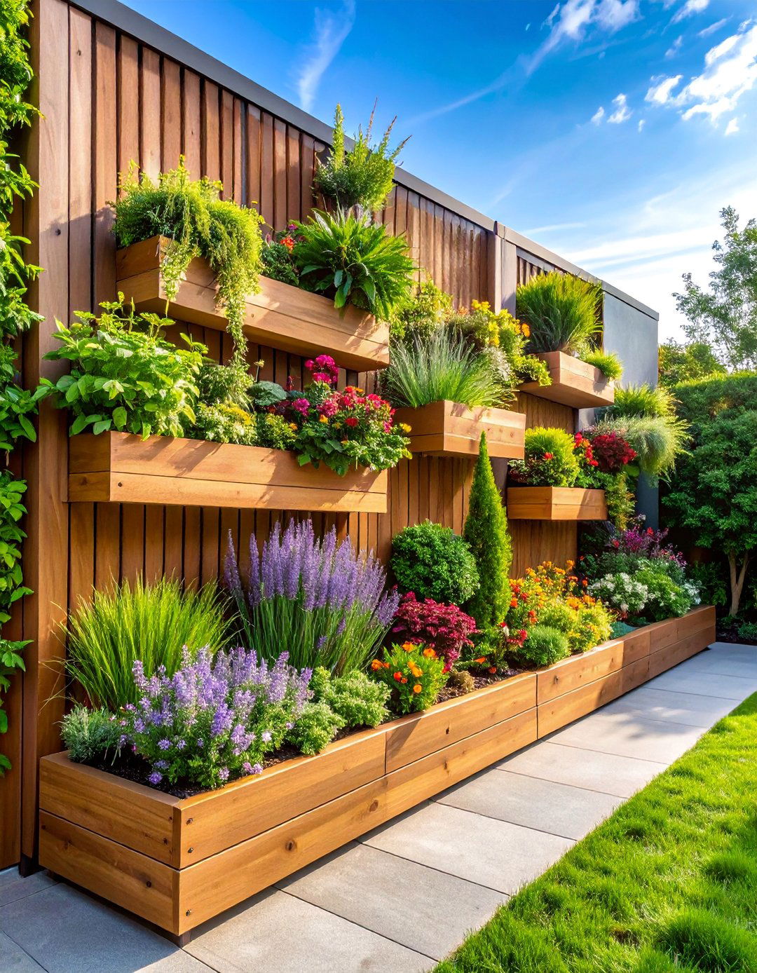 Multi Level Planter Privacy Wall with Tiered Greenery - 25 Patio Privacy Ideas