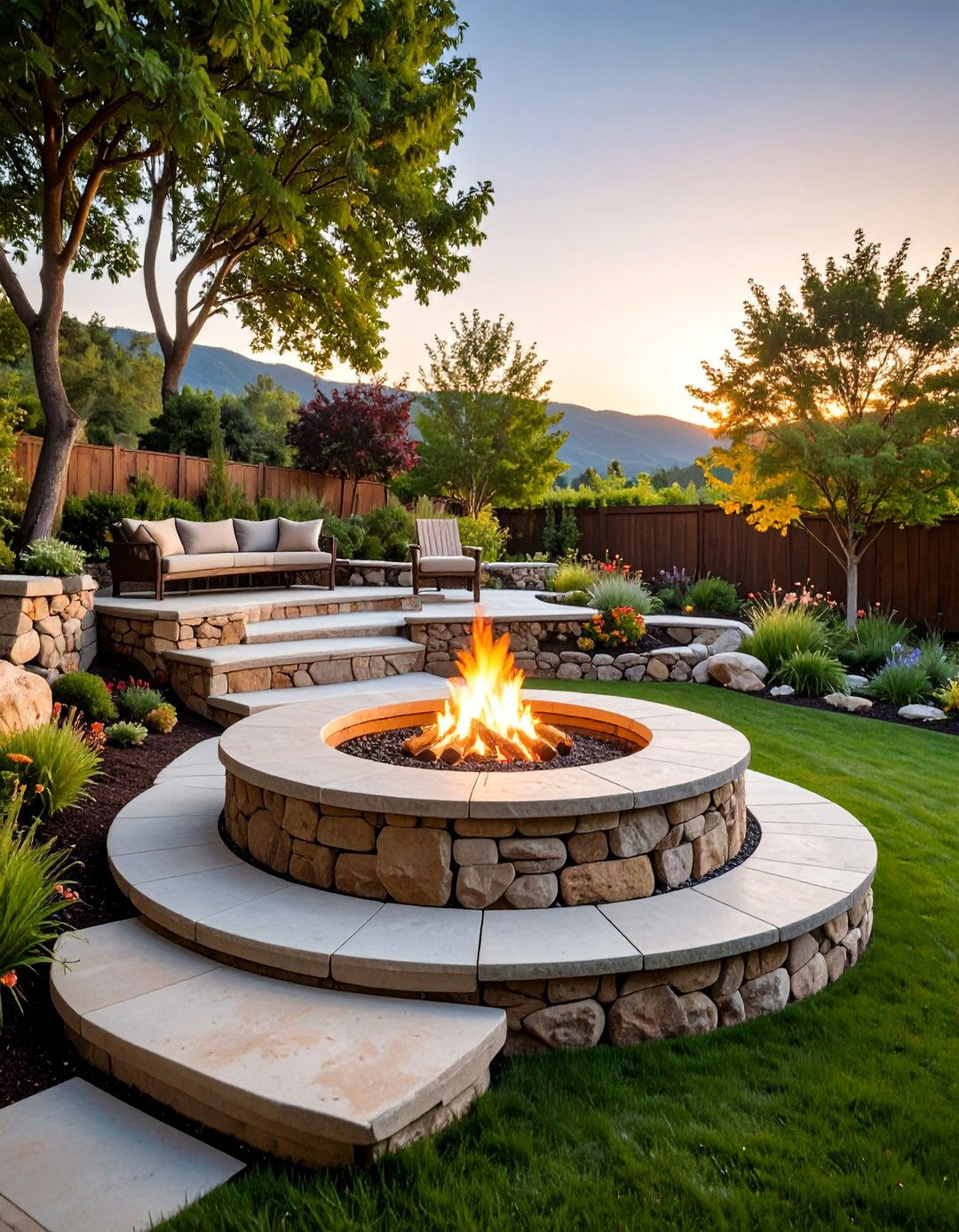 Multi Level Stone Fire Pit with Retaining Walls - 25 Rustic Fire Pit Ideas