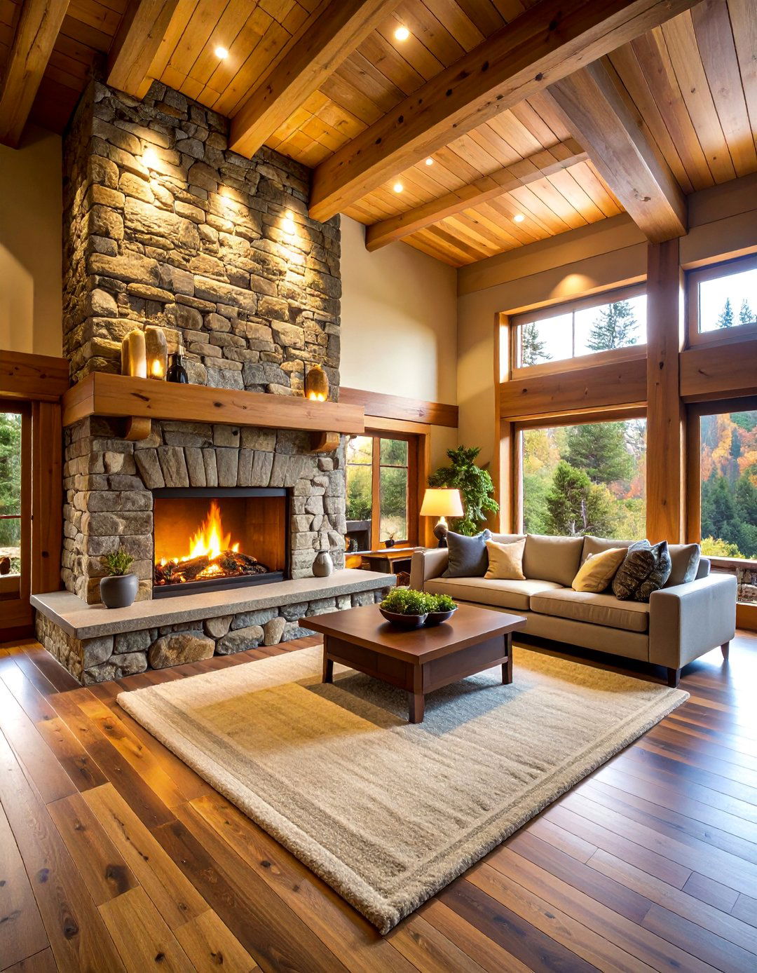 Multi Level Stone Fireplace with Seating Ledge - 25 Cabin Fireplace Ideas