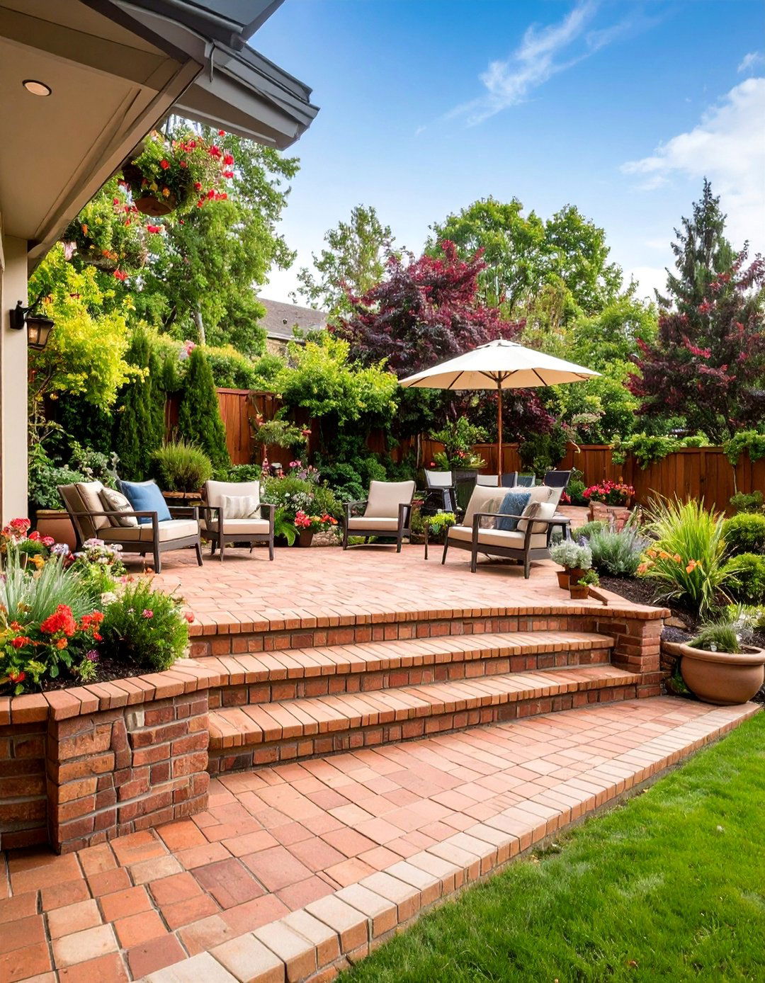 Multi Level Terraced Brick Patio - 25 Brick Patio Ideas