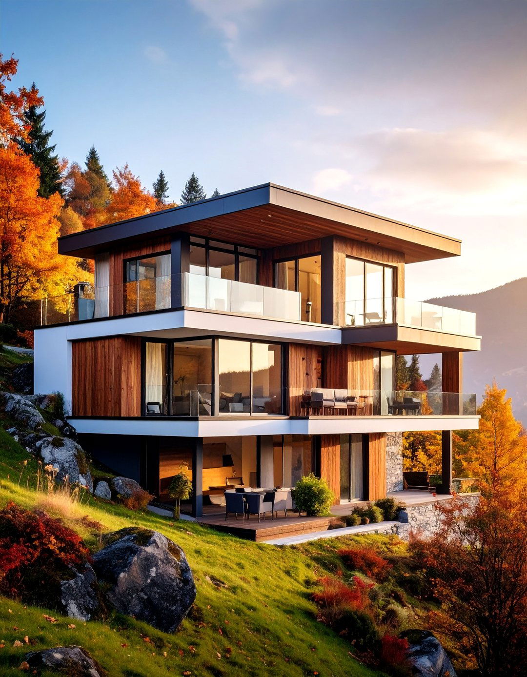 Multi Level Terraced Design with Wood and Glass - 25 Scandinavian House Exterior Ideas