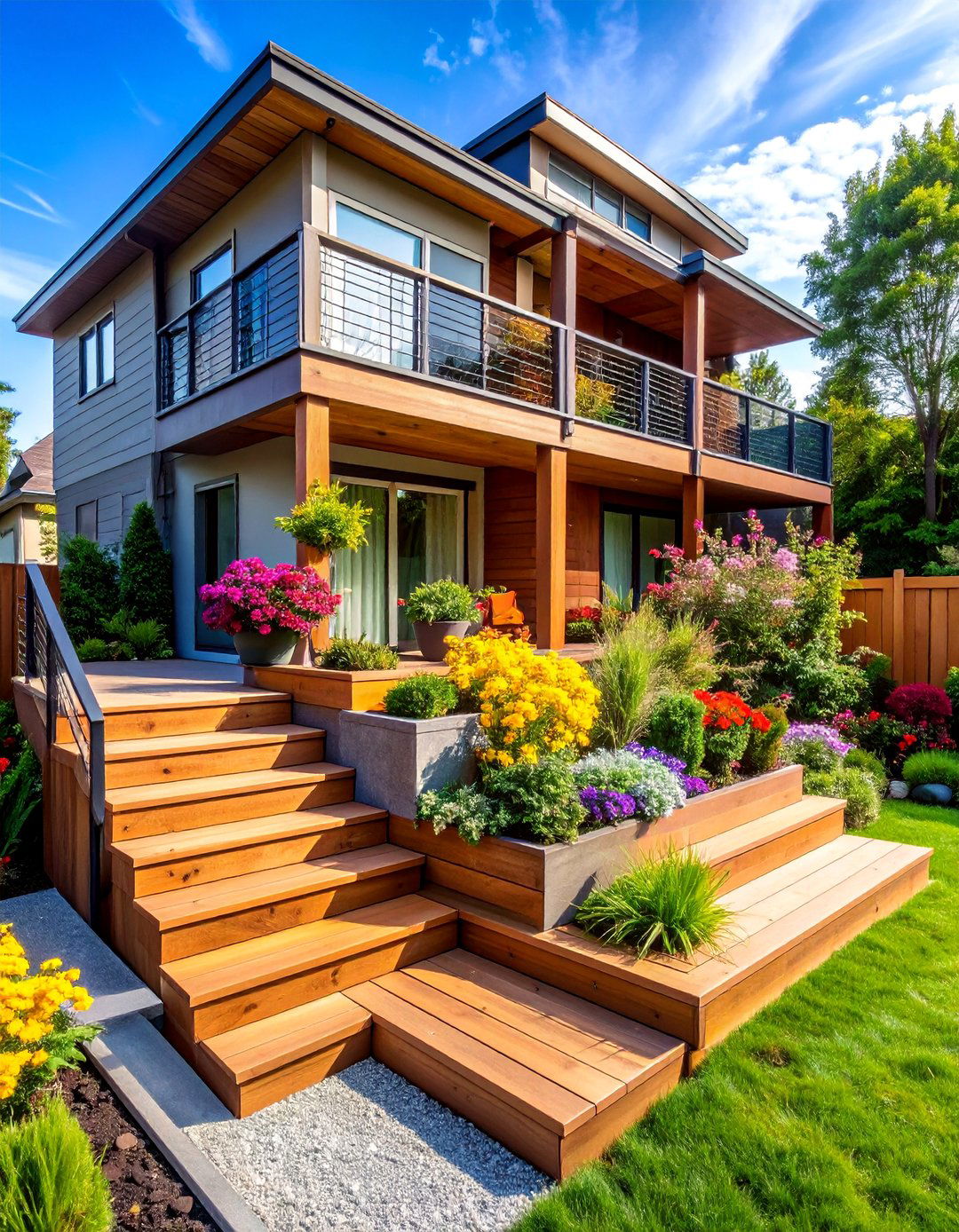 Multi Level Townhouse Backyard with Raised Decks - 25 Townhouse Backyard Ideas