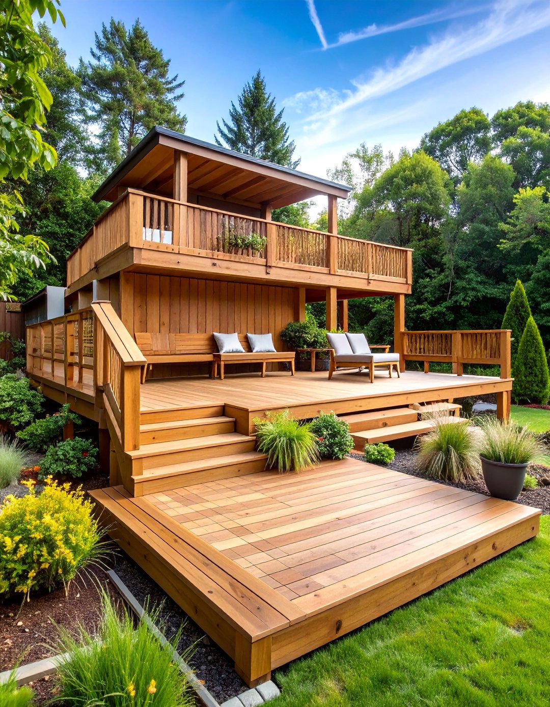 Multi Level Wood Deck with Built in Seating - 25 Wood Deck Ideas