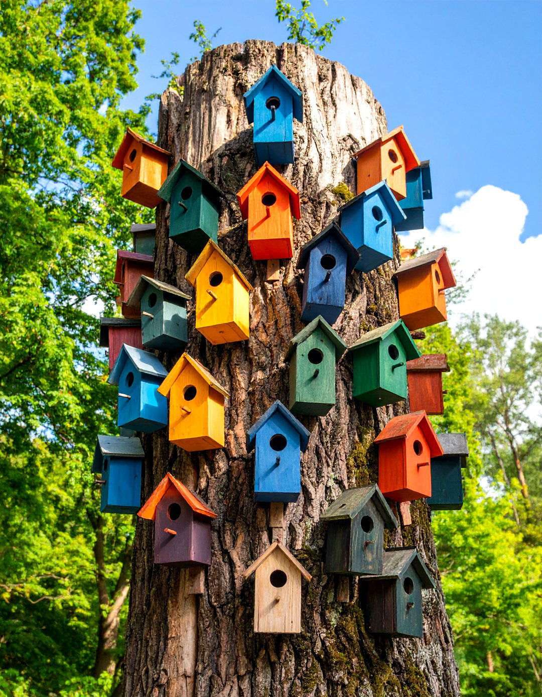 Multi Tier Birdhouse Community Complex - 25 Tree Stump Decorating Ideas