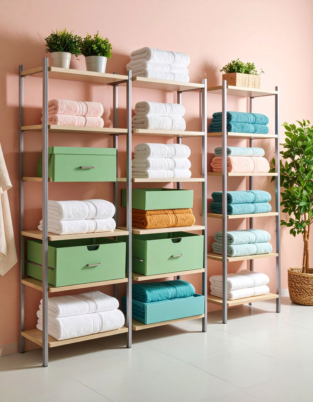 Multi Tier Towel Rack with Pull Out Shelves - 25 Bathroom Towel Rack Ideas