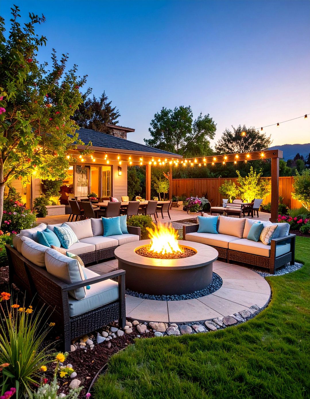 Multi Zone Entertainment Hub with Fire Pit Centerpiece - 25 L Shaped Backyard Ideas
