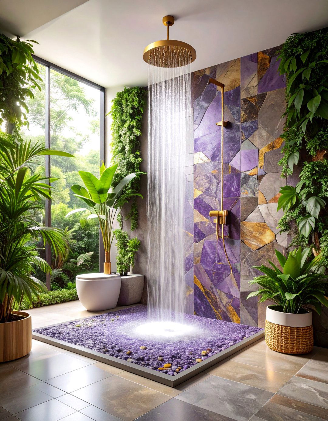 Multicolored Slate Mosaic Shower with Artistic Natural Composition - 25 Stone Shower Design Ideas